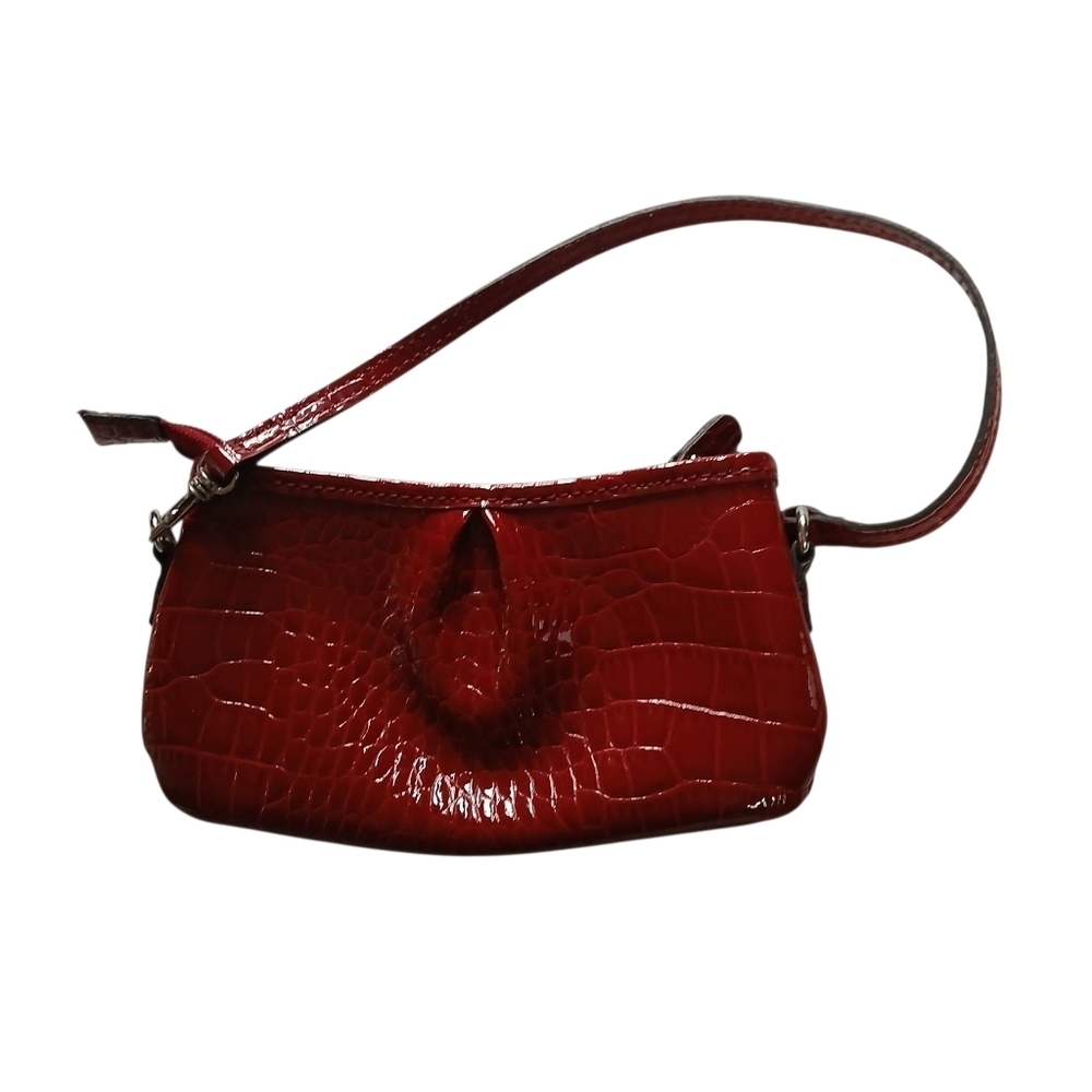 Liz Claiborne Glossy Wrist-let Bag Mini Faux Embossed Burgundy Leather w Strap